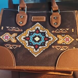Brown and Tan Embroidered Satchel